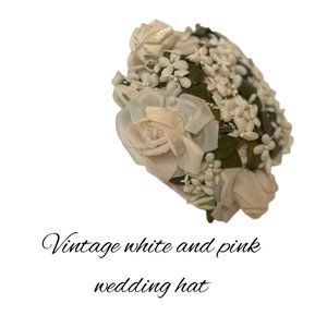 Vintage Flowered Wedding Hat, White and pink